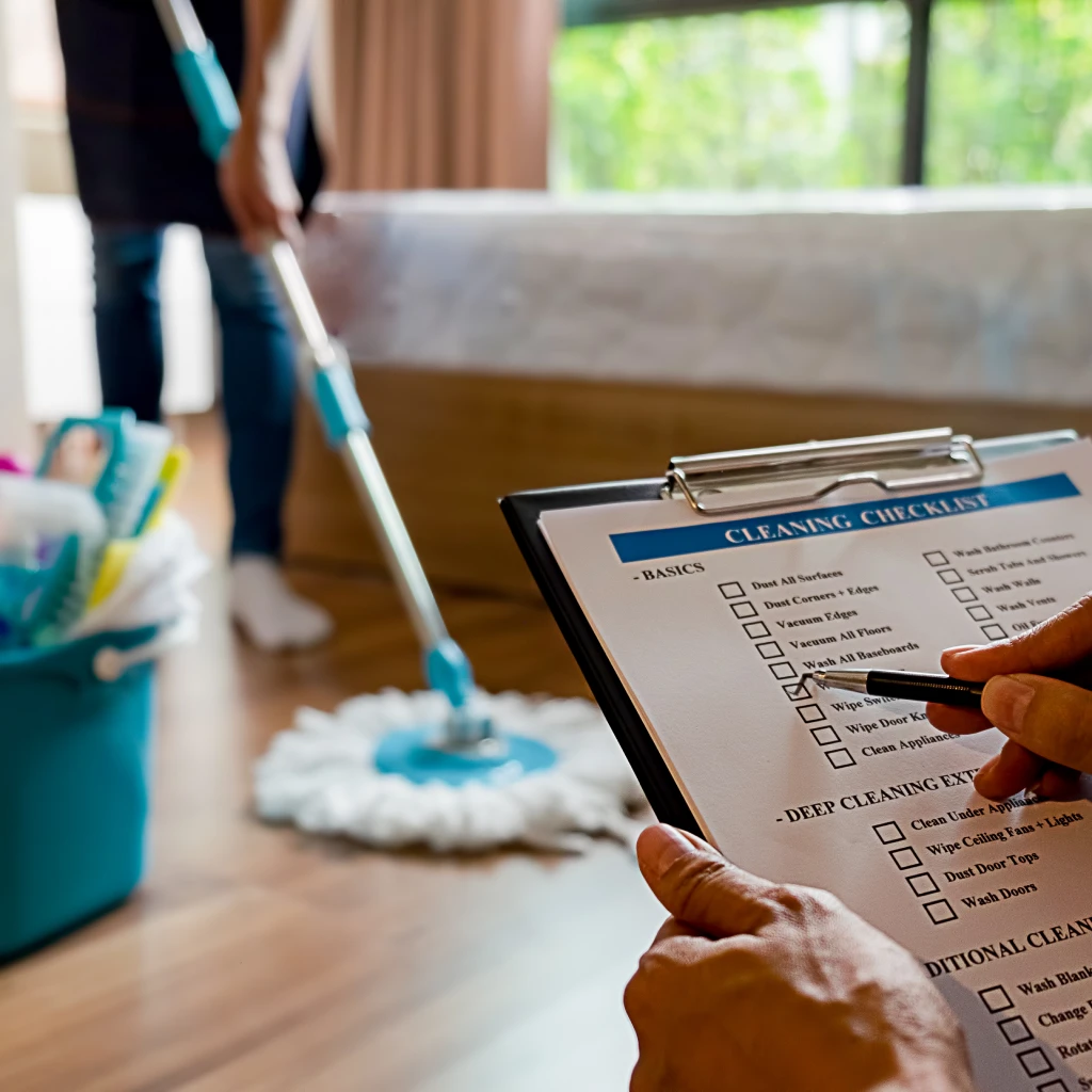 AYB cleaner checking a cleaning checklist with Eco-friendly tools in Melbourne facility